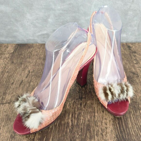 Kate Spade New York Slingback Peep Toe Heels 8.5 B Pink Red Leather Fur Scaled - Picture 15 of 16